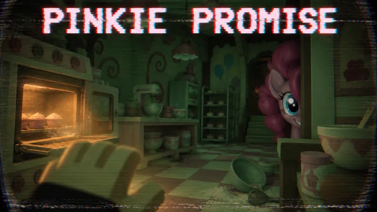 Official PINKIE PROMISE gallery art: a first-person view of the party kitchen with a glowing oven while Pinkie Pie peeks from a doorway