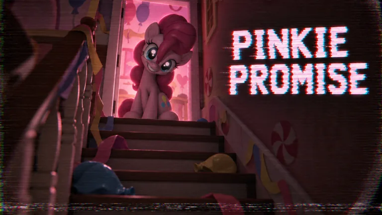 Official PINKIE PROMISE gallery art: Pinkie Pie sitting on a staircase in front of a pink-lit party room with balloons and streamers