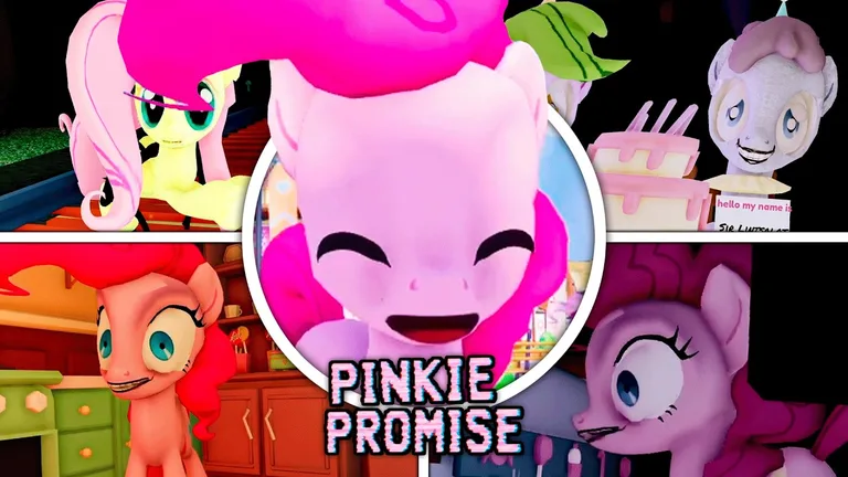 Gameplay video cover for PINKIE PROMISE: a five-panel montage of the train ride, party cannon, bakery cake and guests